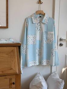 Comfortcana Conjunto de 2 piezas de camisa de manga larga con estampado de patchwork y pantalones de pierna ancha, estilo casual de vacaciones para mujer, primavera/otoño - Azul - Ver 4