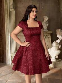 Aureia Vestido de gala formal de línea A con cuello de princesa, mangas de campana y tejido jacquard de lujo en verde oscuro para tallas grandes - Burdeos - Ver 6