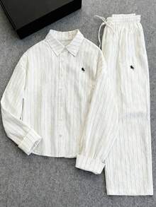 Franclia Women's Casual Striped Embroidered Sun Protection Shirt And Loose Pants 2 Pieces Set, Summer