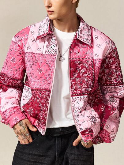 Street Life Men's Casual Cashew Print Zip-Up Long Sleeve Jacket, Winter