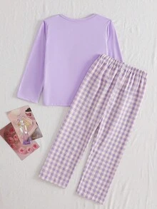 SHEIN Playful Pals 2pcs Girls Cartoon Puppy & Bow Print Knit Long Sleeve Top And Pants Pajama Set Fall Winter - Mauve Purple - View 2