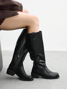 CUCCOO BIZCHIC Botas de media pantorrilla de estilo británico para motocicleta con hebilla y cordones, de tacón grueso, de moda y casuales para el transporte diario - Negro - Ver 5