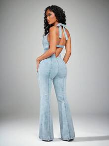 Radiana Women's Summer Street Style Washed Sleeveless Backless Denim Jumpsuit - Light Wash - View 2