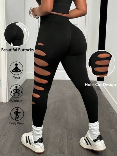 Slaydiva 女性純色運動緊身褲，帶有破洞設計，適合運動服裝