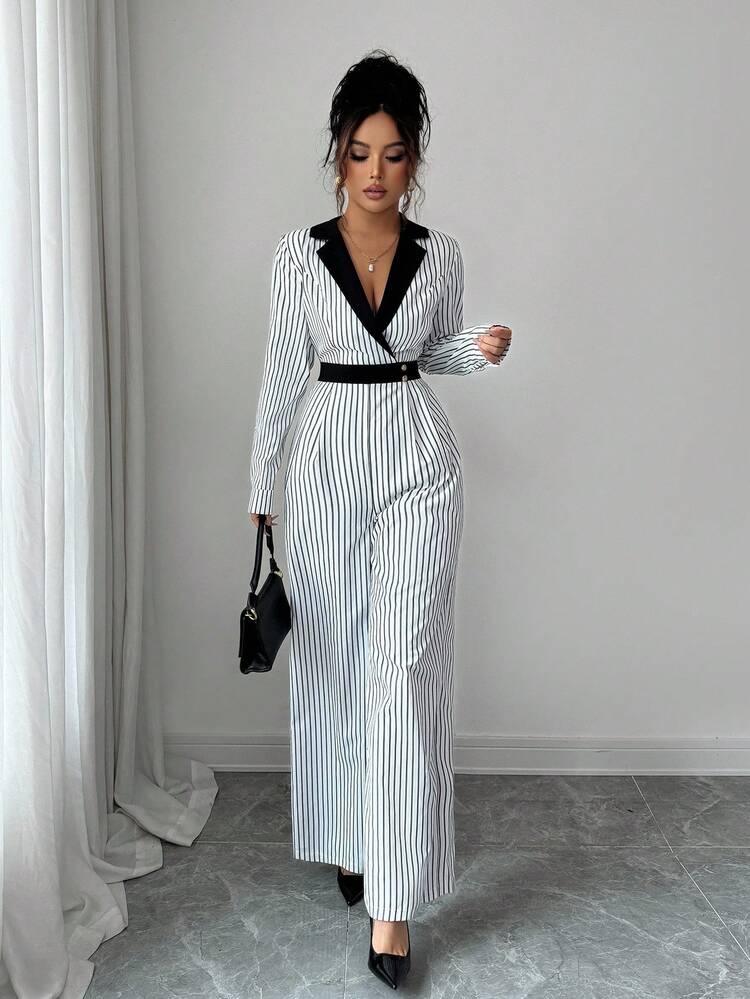 Rafferiza Women's Winter Commuter Black Patchwork Turndown Collar Long Sleeve Cinched Waist Striped Casual Jumpsuit - Black and White - View 6