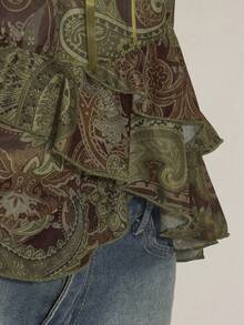 SHEIN ICON Women's Sexy Millennial Style Y2K Young Fashion Bohemian Style Green Paisley Pattern Print Bow Tie V-Neck Asymmetrical Ruffle Hem Slim Fit Top