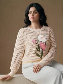 Anewsta Maglione elegante stile francese, ricamato con motivi floreali, collo rotondo, taglie comode, adatto per autunno/inverno - Bianco - Visualizzare 3