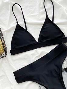Swim Basics 夏季海灘實色高腰比基尼 - 黑色 - 查看 4