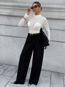 Chiquease 百搭修身蕾丝长袖高领 T 恤，打底上衣 - 杏色 - 查看 4