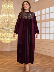 Al Najma 加大码休闲天鹅绒贴布长袖宽松阿拉伯连衣裙，适合秋冬季，优雅端庄的束腰阿拉伯连衣裙，适合晚会/婚礼嘉宾/周年纪念