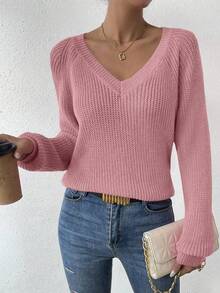 SHEIN LUNE Women's Casual Everyday Commute Simple Solid V-Neck Raglan Sleeve Ribbed Knit Pullover Sweater, Autumn/Winter - Pink - View 5