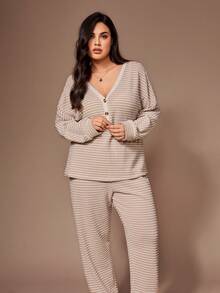 Lazeform Plus Size Women Jacquard Striped Casual Half-Zip Long Sleeve Top And Pants Loungewear Set, Cozy Outfit, Fall Winter Clothes