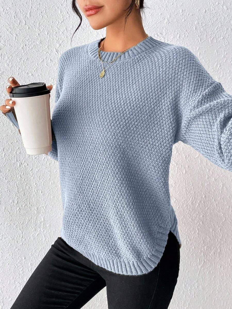 EMERY ROSE Women's Solid Color Crew Neck Long Sleeve Pullover Sweater, Versatile & Casual - Dusty Blue - View 1
