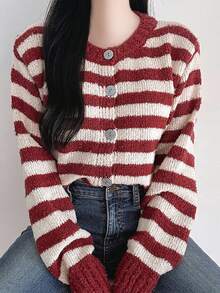 DAZY Soft & Cozy Red Striped Cardigan Sweater For Women, Autumn/Winter Long Sleeve Tops - Red - View 1