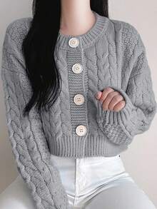 DAZY Women's Short Cardigan Sweater, Autumn/Winter - Grey - View 7