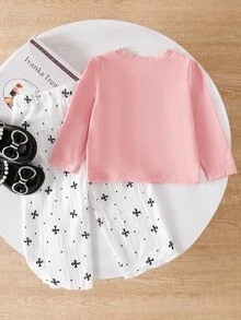 SHEIN 2pcs Baby Girls Elegant Fitted Bow Decor Round Neck Long Sleeve Top And Jacquard Butterfly Straight Leg Pants Set, Spring/Autumn - Pink - View 2