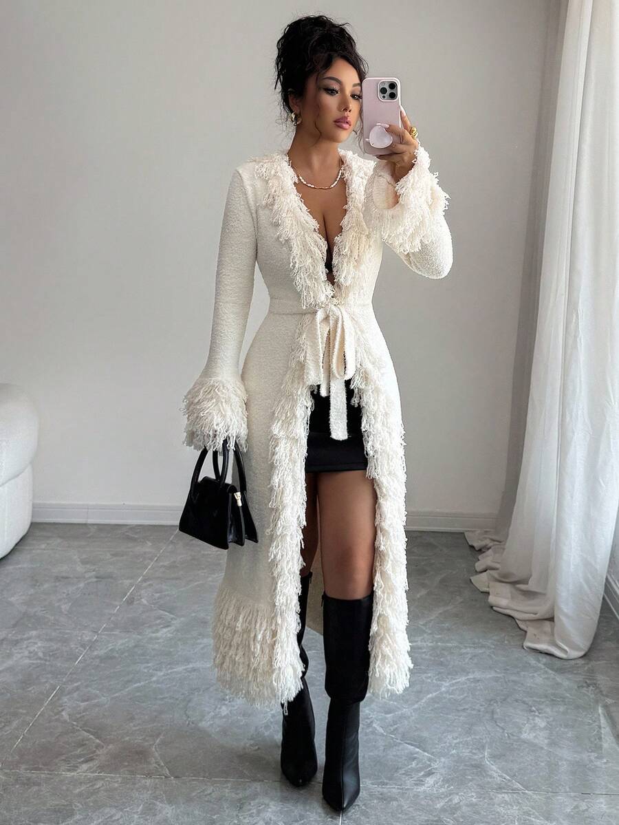 Rafferiza Autumn/Winter Fashion Long Sleeve Cardigan With Tassel Belt - Apricot - View 1