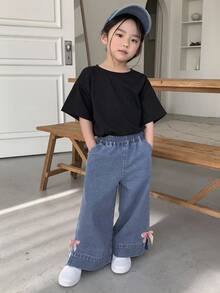 Dazy Kids 年轻女孩松紧腰蝴蝶结装饰口袋阔腿宽松休闲牛仔裤 - 藍色 - 查看 2