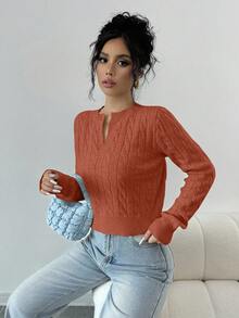 Elenzga Sweater Pendek Kasual Warna Polos dengan Kerah Berlekuk, Serbaguna untuk Musim Gugur - Coral Orange - View 5