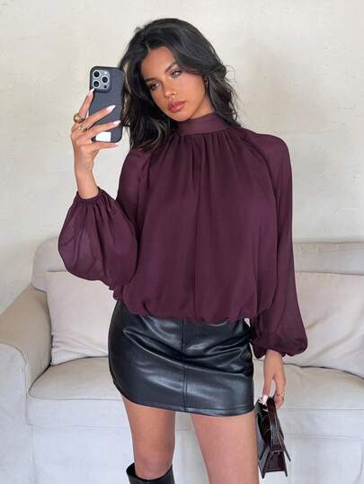 Aloruh Women's Solid Color Stand Collar Raglan Lantern Sleeve Pleated Fashion Blouse Fall Clothes Fall Clothes For Women All Outfits Women  Fall Outfits For Women Fall Outfits Autumn Clothes Women's Fall Clothes Brown Blouse Burgundy Top Back To School School Clothes  Back To School Clothes School Clothes Back To School Outfits Women  Homecoming  School  Flowy Top Purple Long-Sleeved Shirt For A Romantic Date