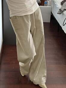 Livesso Solid Color Elastic Waist Patchwork Straight Leg Pants Fall