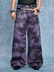ROMWE MEN Grunge Punk Blugi bărbătești violet cu imprimeu tie-dye și buzunar, casual, la modă, cu picior larg - Violet - Vizualizare 8
