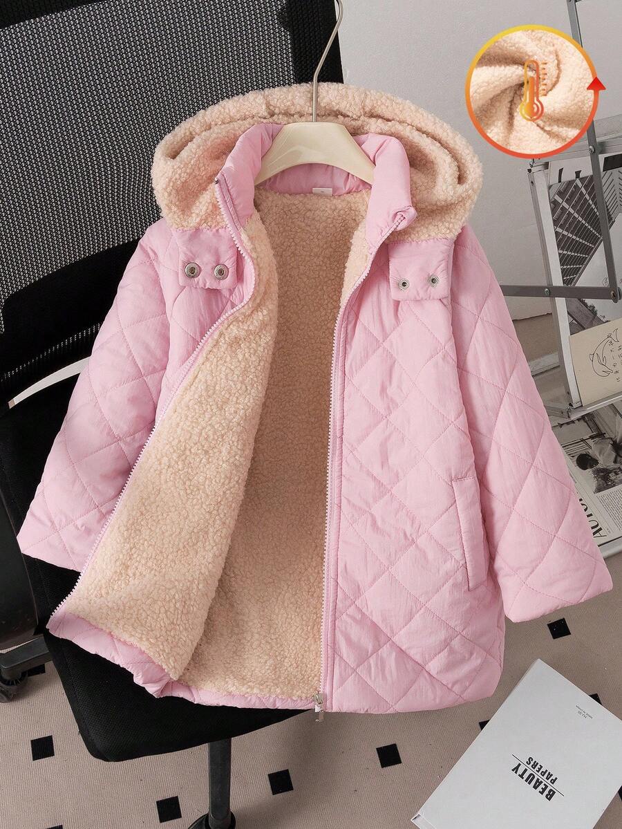 年轻女孩休闲羊羔绒衬里钻石图案粉色连帽及膝棉服外套 - 淺粉色 - 查看 1