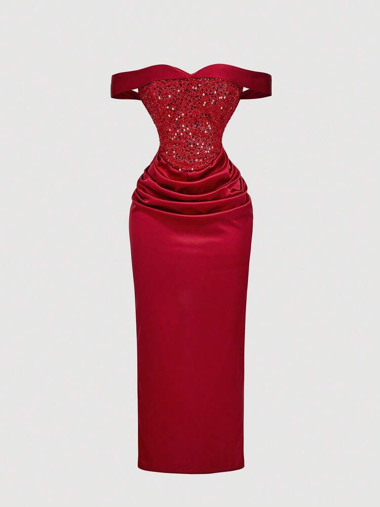 shein red off shoulder dress SHEIN EZwear Women's Sexy Red Ruched Off Shoulder Bodycon Mini Dress With  Cap Sleeves Plain Patterned