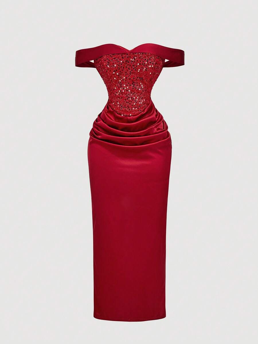 SHEIN MOD 红色亮片露肩开衩连衣裙 - 紅色 - 查看 1