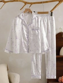 2pcs/Set Girls Cute Bow & Star Print Long Sleeve Cardigan And Pants, Comfortable Casual Loungewear Purple Pajamas Set - White - View 7