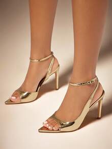 SHUZIA Giày cao gót mũi nhọn màu vàng bóng thời trang cho nữ, quai cao đến mắt cá chân, gợi cảm, dự tiệc mùa thu đông - Vàng - Xem 2