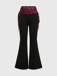 ROMWE Spring/Summer 2pcs Women's Sexy Set - Rhinestone Letter & Leopard Print Bandeau Crop Top And Drawstring Pants - Red - View 8