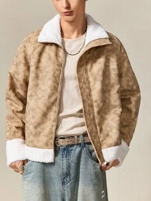 ROMWE MEN Street Life Men's Casual Patchwork Fuzzy Trim Zip-Up Raglan Sleeve Jacket, Autumn/Winter - Brown - View 4