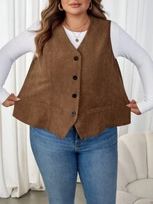 SHEIN CURVE+ Plus Size Women Solid Color Single-Breasted Casual Corduroy Vest Jacket, Autumn/ Winter - Brown - View 10