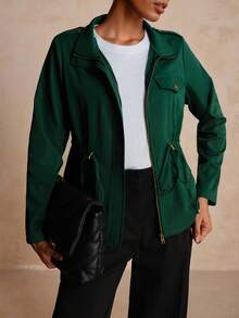 EMERY ROSE Women's Solid Color Zip-Up Fitted Jacket - Dark Green - View 3