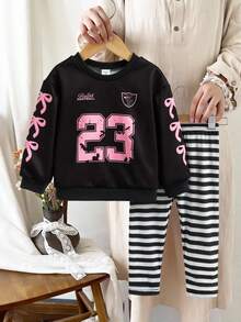 SHEIN Bộ đồ mặc nhà thường ngày mùa xuân/hè dễ thương cho bé gái từ 0-3 tuổi và bộ đồ mặc nhà dài tay cổ tròn in số + quần legging bó có gân - màu đen - Xem 4