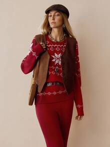 Florisole Geo Pattern Sweater & Knit Pants Without Belt - Red - View 6
