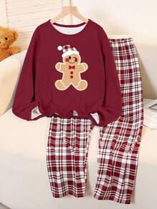 Dwuczęściowy świąteczny komplet piżamowy dla nastolatek, bluzka z nadrukiem pierników, z długim rękawem i okrągłym dekoltem oraz luźne spodnie w kratę, świąteczny strój w czerwoną kratę - Burgund - Zobacz 3