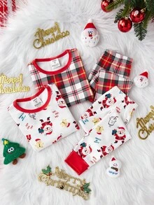 Girls' Christmas Plaid & Santa Claus Gingerbread ,White,Autumn,Fairy,Night,Tight Crew Neck Long Sleeve Pants Snug Fit Homewear Set,High Stretch - Multicolor - View 7