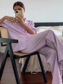 DAZY Simple Stripe Woven Label Decorated Long Sleeve Casual Top And Pants Pajama Set, Fall Winter Clothes - Purple - View 5