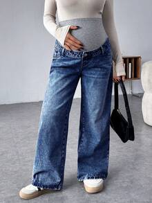 SHEIN Maternity Grey Knit Patchwork Blue Denim Loose Fit Pants - Dark Wash - View 3