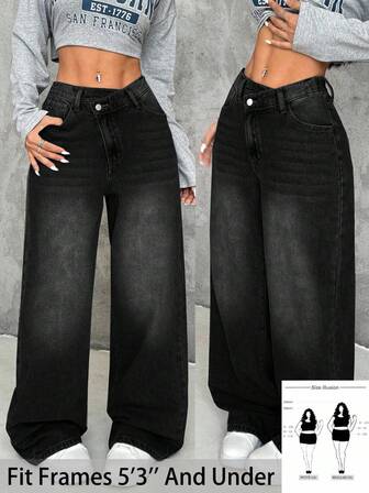 SHEIN PETITE CURVE Plus Size Women Asymmetrical Waist Vintage Blue Loose Straight Leg Jeans