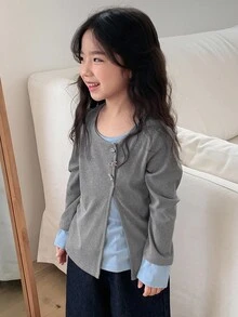 DAZY 少女圆领针织二合一长袖T恤，秋季服装 - 灰色 - 查看 6