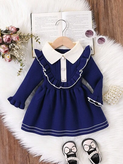 SHEIN 女婴秋季拼色领扣设计长袖荷叶边下摆针织连衣裙