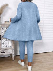 Conjunto casual de mujer talla grande con cárdigan de manga larga acanalado de unicolor, top de tirantes de cuello redondo y pantalones de unicolor - Azul - Ver 2