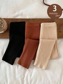 LMoss Kids LMoss 3pcs/Set Legging Kasual Pas Badan Warna Polos untuk Anak Perempuan, Natal, Gaya Nyaman Musim Gugur & Musim Dingin, Nyaman dan Musim Gugur & - MultiWarna - View 3