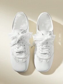 CUCCOO EASI Fashionable Elegant Commuting Casual Lace Patchwork Lace-Up Flat Shoes - White - View 6