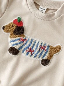 SHEIN Playful Pals 2 件套女婴时尚休闲舒适柔软针织面料圆领套头衫，搭配 3D 刺绣贝雷帽和条纹长袖喇叭裤套装 - 卡其色 - 查看 3