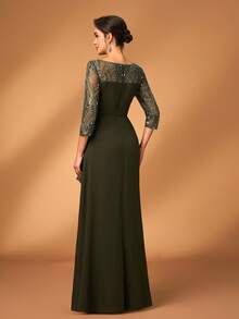 Serin Đầm chữ A sang trọng, thanh lịch với chất liệu chiffon, đính ren và sequin, tay áo voan mỏng, xếp ly bồng bềnh, thích hợp cho đám cưới, tiệc tùng, kỳ nghỉ, dạ hội, váy cho mẹ cô dâu, ngày Valentine. - xanh quân đội - Xem 4