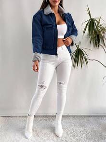 EURMUSE 100%Cotton Fuzzy Collar Flap Pocket Drop Shoulder Denim Jacket - Dark Wash - View 4